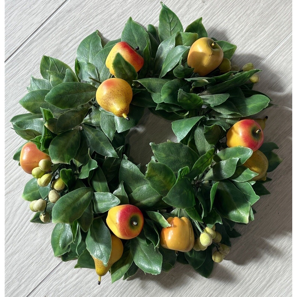 Vintage‎ Plastic 14" Pillar Candle Ring Wreath W/ Realistic Faux Leaves & Fruit
